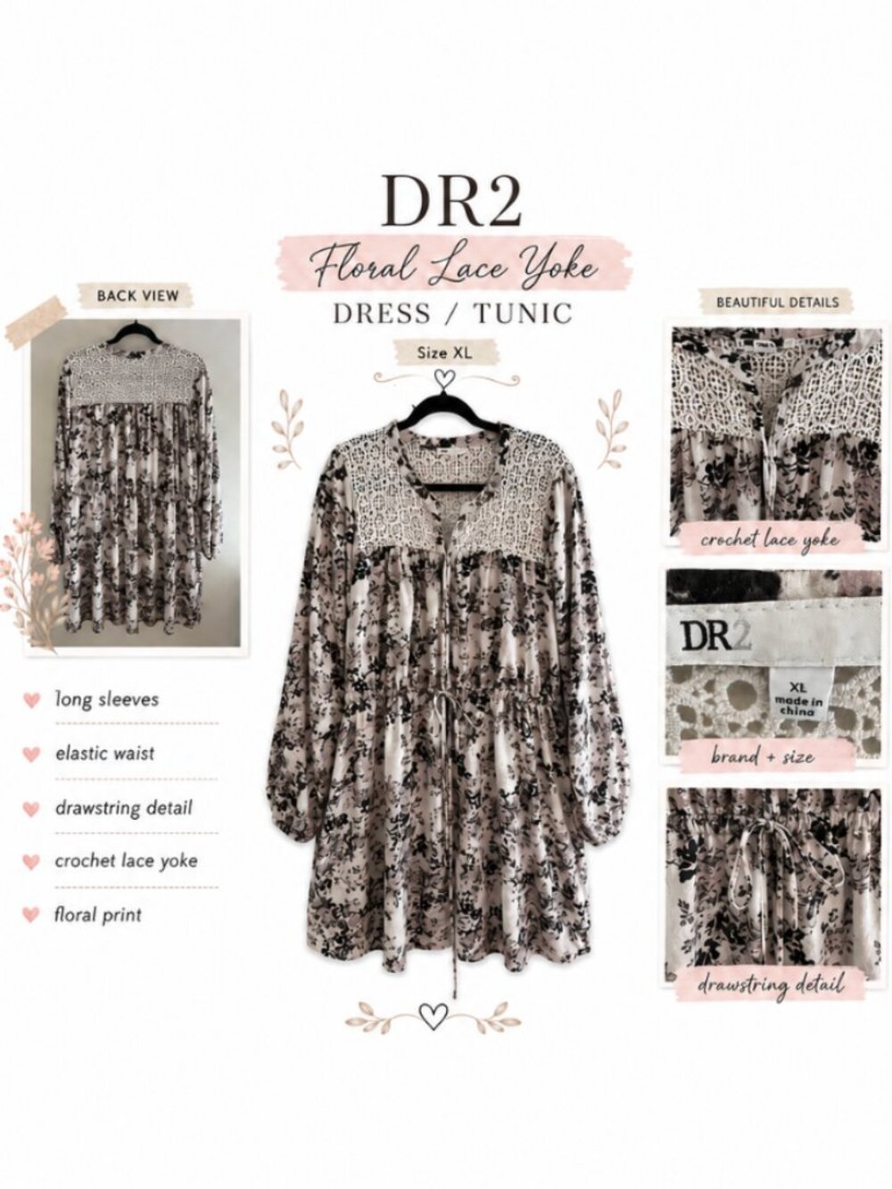 DR2 Floral & Crochet Yoke Long Sleeve Mini Dress Tunic - XL